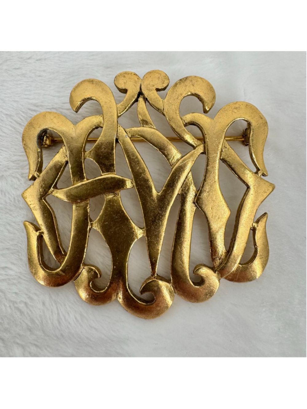 Vintage M. Jent Gold Tone Brooch Pin Monogram Style Ribbon 70s-80s Signed
